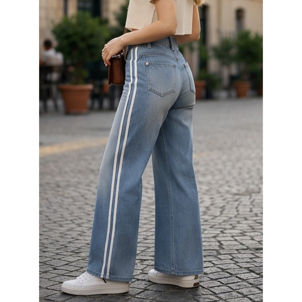 Halara Flex High Waisted Stripe Wide Leg Jeans Light Blue Wash XS Regular